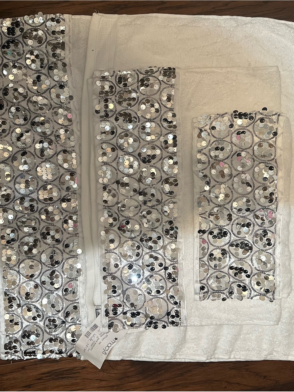 3 White Bath Towels with Sequin trim on the ends . 100% Cotton